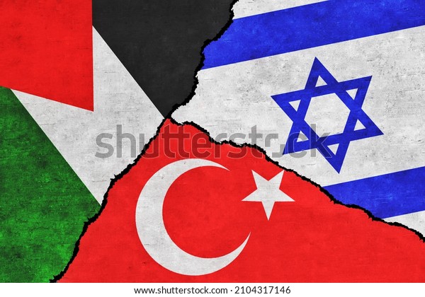 Turkey, Israel and\
Palestine painted flags on a wall with a crack. Turkey, Palestine\
and Israel\
conflict