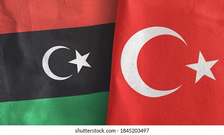 Turkey and Libya two folded flags together 3D rendering