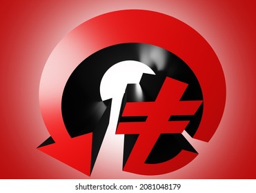 Turkey Lira Symbol Next To Down Arrow. Fall Of Turkey Lira. Depreciation Of Turkish Currency. Situation In Foreign Exchange Market Turkey. Lira Logo On Red Background. 3d Rendering.