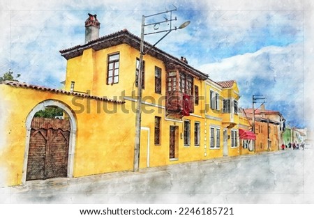 Turkey Milas houses were built in the 19th century. The entrance of the two-storey houses with a courtyard is from the courtyard. Watercolor artistic work.