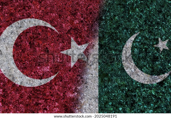 Turkey and Pakistan with\
painted flags on a wall with grunge texture. 3D rendering. 3D\
illustration