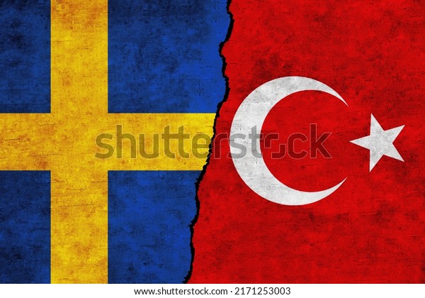Turkey and\
Sweden painted flags on a wall with a crack. Sweden and Turkey\
relations. Turkey and Sweden flags\
together