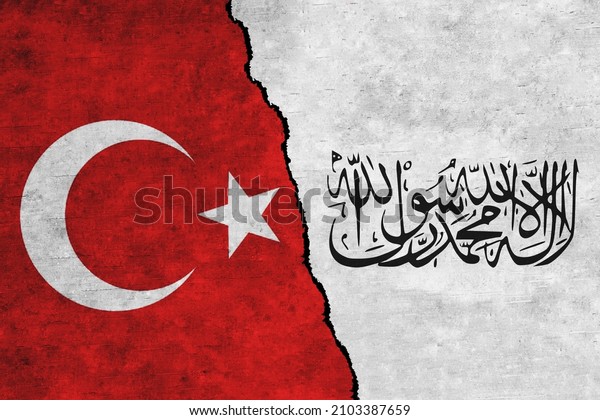 Turkey and Taliban painted flags on a wall with\
a crack. Turkey and Taliban relations.Afghanistan and Turkey flags\
together