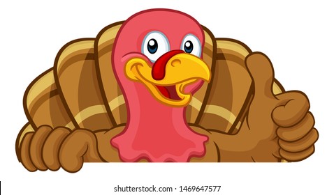 Turkey Thanksgiving or Christmas bird animal cartoon character peeking over a background sign giving a thumbs up
