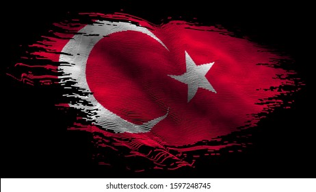 Turkey Turkish Tattered Roughed Flag Old Vintage Flag Waving Particles Flag 8K Illustration On Black Screen Background 