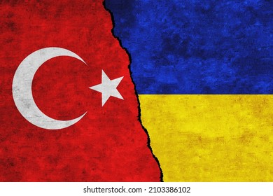 Turkey and Ukraine painted flags on a wall with a crack. Turkey and Ukraine relations. Ukraine and Turkey flags together