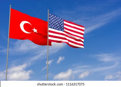 Turkey And USA Flags Over Blue Sky Background. 3D Illustration