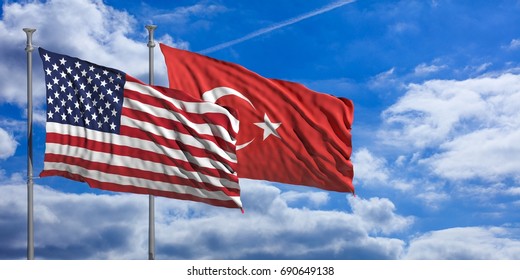 Turkey And USA Waving Flags On Blue Sky Background . 3d Illustration