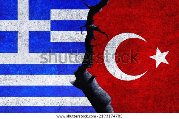 Turkey vs Greece concept flags on a wall with a\
crack. Greece and Turkey political conflict, war crisis, economy\
relationship, trade\
concept