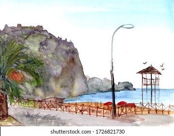 The Turkish City Of Alanya, Cleopatra Beach And A View Of The Rock With A Fortress At The Top. Watercolor Painting