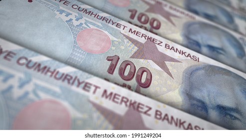 Turkish Lira Money 3d Illustration. TRY Banknote Counter. Concept Of Finance, Cash, Economy Crisis, Business Success, Recession, Bank, Tax And Debt In Turkey.