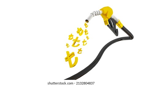 Turkish Money Icon. Nozzle Pumping Gasoline In A Tank Of Fuel Nozzle Pouring. 3D Rendering. 