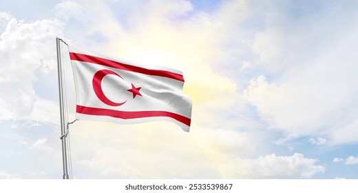 Turkish Republic of Northern Cyprus flag waving on sky background. 3D Rendering - Powered by Shutterstock