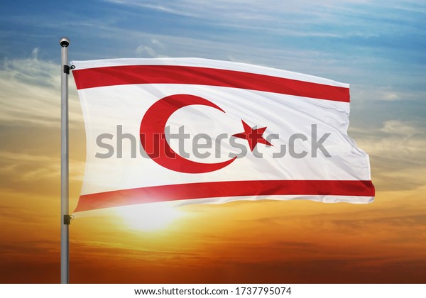 Turkish Republic of Northern Cyprus flag waving\
with cloudy blue sky. Turkish Republic of Northern Cyprus realistic\
3D waving flag.