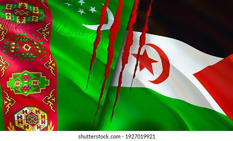 Turkmenistan And Western Sahara Flags With Scar Concept. Waving Flag 3D Rendering. Turkmenistan And Western Sahara Conflict Concept. Turkmenistan Western Sahara Relations Concept. Flag Of
