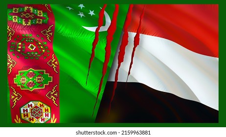 Turkmenistan And Yemen Flags With Scar Concept. Waving Flag 3D Rendering. Turkmenistan And Yemen Conflict Concept. Turkmenistan Yemen Relations Concept. Flag Of Turkmenistan And Yemen Crisis,war,
