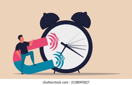 Turn Back Time With Magnet And Alarm Clock. Return Timer And Change Future Business Illustration Concept. People Finance Overtime And Late Deadline. Refresh Management And Changing Countdown