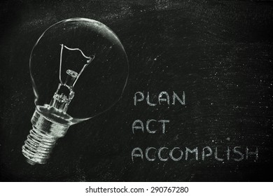 turn ideas into reality: plan, act, accomplish (illustration with real lightbulb)