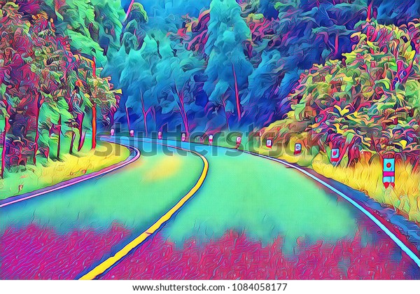 Turn on empty forest road. Summer travel landscape neon\
digital illustration. Highway with roadside. Summer forest with\
asphalt road. Bus or automobile trip road view. Asphalt road in\
wild nature 