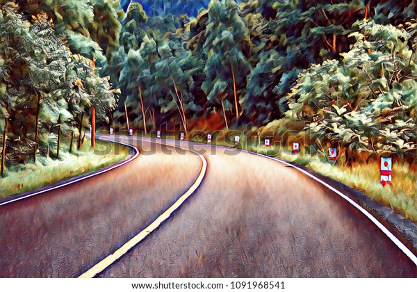 Turn on empty forest road. Summer travel\
landscape retro digital illustration. Highway with green roadside.\
Summer forest with asphalt road. Automobile trip road view. Asphalt\
road in wild nature\
