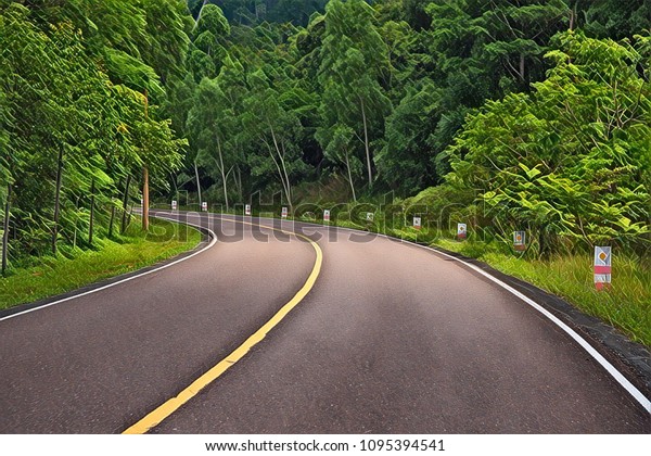 Turn on empty forest road. Summer travel\
landscape sunny digital illustration. Highway with green roadside.\
Summer forest with asphalt road. Automobile trip road view. Asphalt\
road in wild nature\
