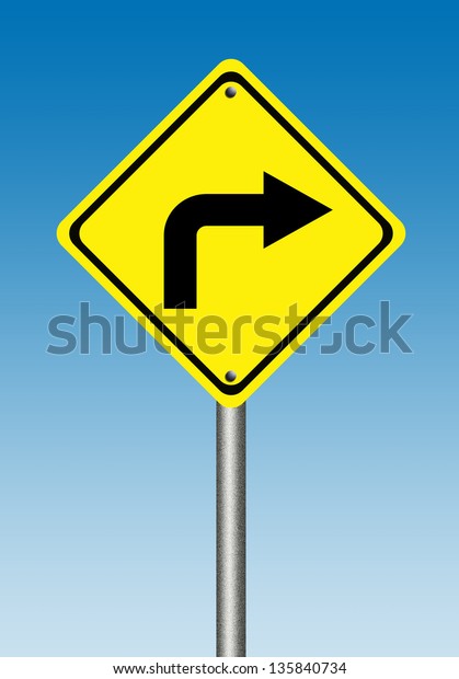 Turn right yellow\
traffic sign  on blue\
sky