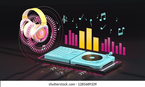 Turn tables and headphones surrounded by glowing circles and sounds wave on a black background.-3d rendering. - Powered by Shutterstock