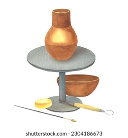 Turnette sculpted of red clay made on a potter's wheel, illustration painted in watercolor isolated,  banding wheel ,  jug molded by hand on a potter's wheel, handmade crockery, tools for ceramics - Powered by Shutterstock