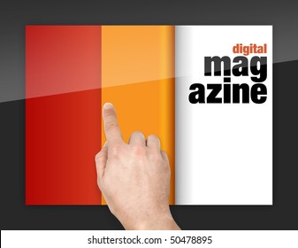 Turning Pages Of Digital Magazine With Finger On Glossy Screen