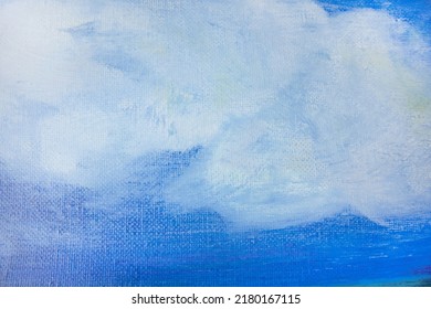 Turquoise Blue Sky And White Clouds Background. Modern Wallpaper With Copy Space. Effortless And Lightness Concept. Oil Painting Texture On Canvas Weathered Surface. Hand Painted Cloud Backdrop.