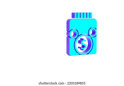 Turquoise Glass Money Jar With Coin Icon Isolated On White Background. Icon Saving Or Accumulation Of Money, Investment. Minimalism Concept. 3d Illustration 3D Render.