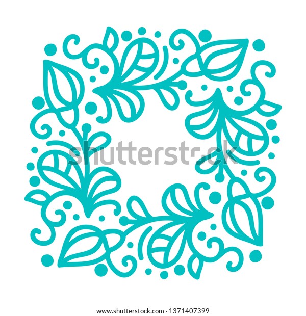 Turquoise monoline\
calligraphy flourish frame for greeting card. Vintage Hand drawn\
floral monogram elements. Sketch doodle design with place for text.\
Isolated\
illustration