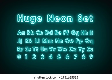 Turquoise Neon Capital Alphabet Letters And Numbers, Glow Font Set, 3d Rendering. Xenon Blue Symbols With Numeric And Lettering. Agleam Uppercase And Date Tube For Electric Emblem Template.