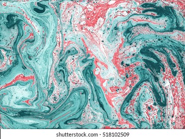 Turquoise and red colours. Liquid paints and oil on white canvas. Grunge texture for card, poster, invitation, desktop wallpaper. Unusual abstract illustration. Horizontal image. Marble background.