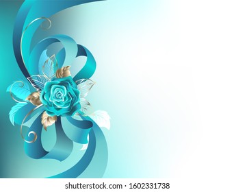 Turquoise Silk Bow With A Turquoise Rose With Gold Leaves On A Light Background. Fashionable Color Roses. 
 Blue Tiffany.