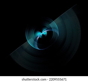 Turquoise striped air blades of an abstract propeller rotate on a black background. Icon, logo, symbol, sign. 3d rendering. 3d illustration.