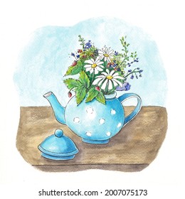 Turquoise Teapot Flowers Watercolor Drawing Stock Illustration ...