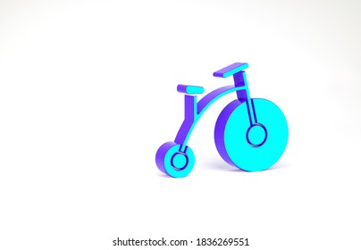 Turquoise Vintage bicycle with one big wheel and one small icon isolated on white background. Bike public transportation sign. Minimalism concept. 3d illustration 3D render