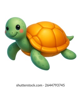 Turtle with orange shell and smiling face 3d cartoon style sticker isolated on white background