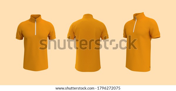Turtleneck shirt mockup\
template with half zip, front, side and back views, isolated on\
white, polo shirt design presentation for print, 3d rendering, 3d\
illustration