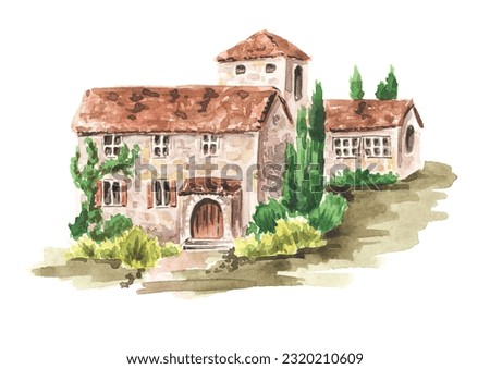 Tuscan Chateau. Hand drawn watercolor illustration  isolated on white background