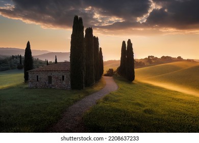 Tuscan Rolling Hills With Cypress Trees On A Road Leading To A Single Stone House At Sunset During A Hazy Golden Hour, Photorealistic Illustration