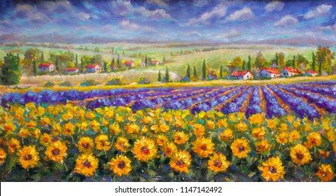 Tuscany summer Italian landscape. Violet blue lavender field, a yellow sun flower sunflowers, white houses with red roofs a bright palette knife painting, impressionism illustration nature artwork art