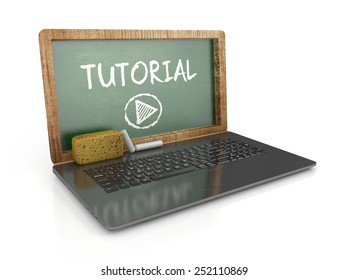 Tutorial Web Concept. Laptop With Chalkboard And Sponge. 3d Illustration