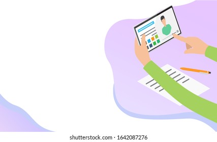 Tutorials web training, knowledge network raster. Lying paper with pen, holding tablet with opening page of playback video, online communication app. Website template, landing page in flat style