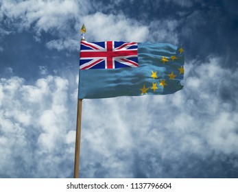 Tuvalu flag Silk waving flag of Tuvalu made transparent fabric with wooden flagpole gold spear on background sunny blue sky white smoke clouds real retro photo Countries of world 3d illustration - Powered by Shutterstock