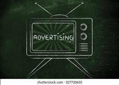 Tv Ads And Mass Media Communication: Old Style Television With Text Advertising