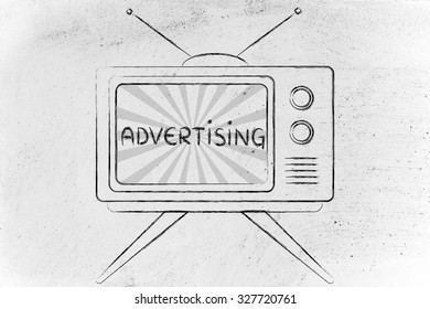 Tv Ads And Mass Media Communication: Old Style Television With Text Advertising