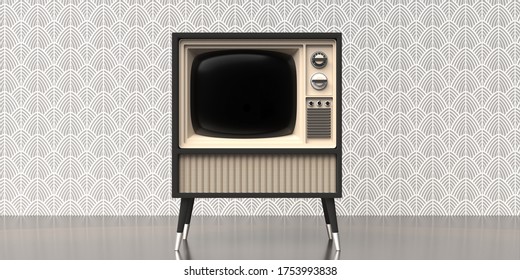 TV Art Deco Home. Retro Old Television On Stand, Old Fashioned Vintage Wallpaper, Room Floor Wall Background, Template. 3d Illustration