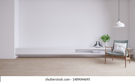  TV Cabinet And Display With  On Wood Flooring And White Wall, Minimalist And Vintage Interior Of Living Room,  ,3d Rendering